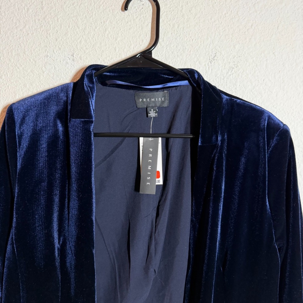 Premise Velvet Blazer Jacket Womens 8 Navy Blue Pockets Long‎ Sleeve Open Front - Picture 2 of 10